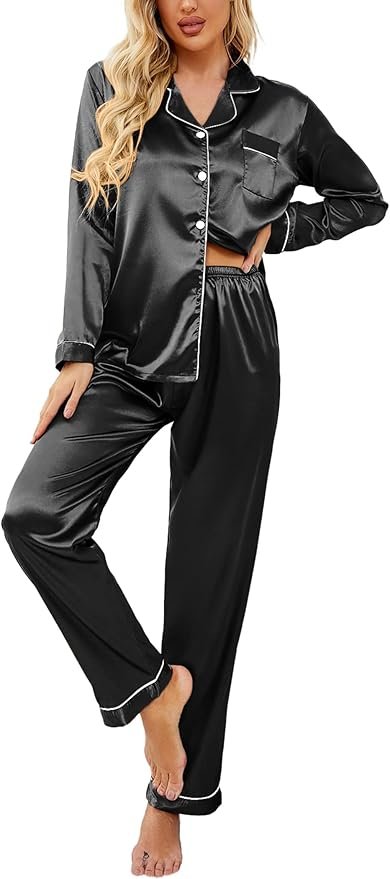 Ekouaer women's classic long satin button-down pajama set