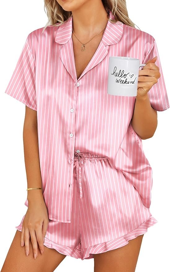 Ekouaer women's satin button-down pajama shorts set with ruffles